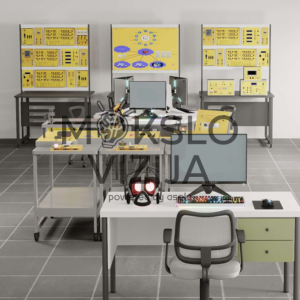 technologijų laboratorija su mokymo stendais kompiuteriais ir automatizavimo įranga