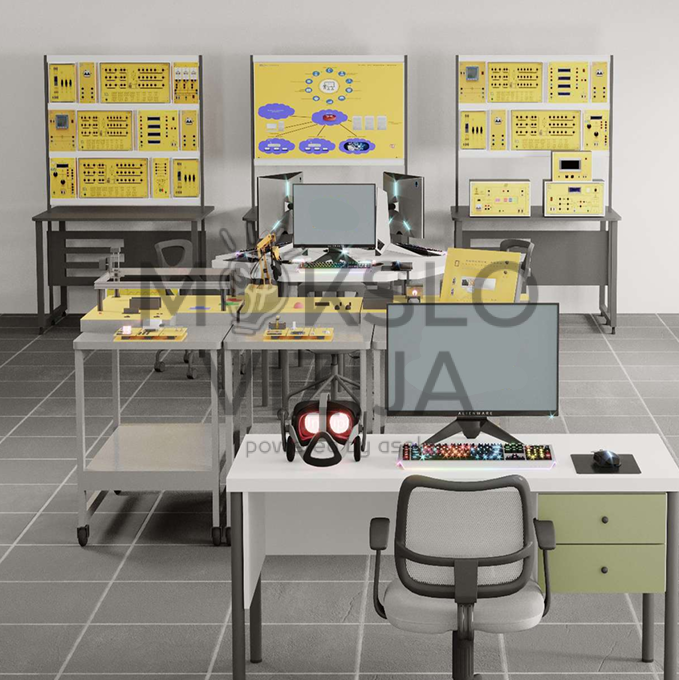 technologijų laboratorija su mokymo stendais kompiuteriais ir automatizavimo įranga