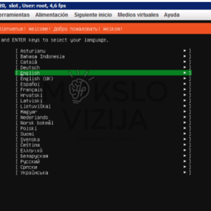 virtualios sistemos diegimo langas su kalbų pasirinkimo sąrašu ekrane