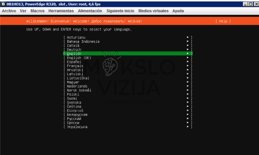 virtualios sistemos diegimo langas su kalbų pasirinkimo sąrašu ekrane