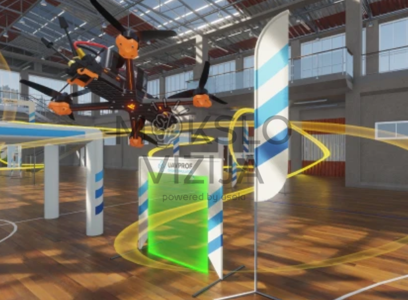 dronas skrenda per žalius virtualius žiedus simuliacijoje