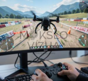 dronas skrenda virš laukų stebimas operatoriaus