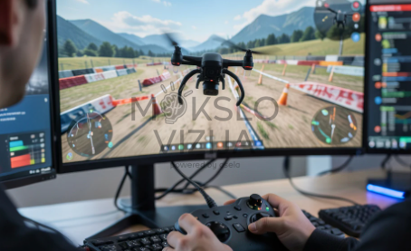 dronas skrenda virš laukų stebimas operatoriaus