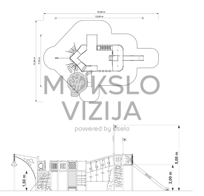 Jūrinės tematikos žaidimų aikštelės P1127 techninis brėžinys su matmenimis, aukščiais, saugos zona ir konstrukcijos išdėstymo schema.