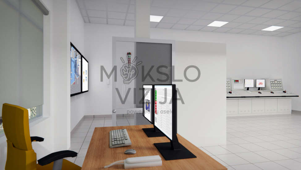 Instruktoriaus darbo vieta su kompiuteriais ir stebėjimo sistema laivo mašinų skyriaus simuliatoriaus mokymams.