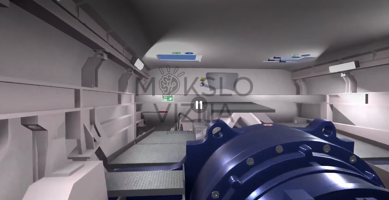 3D vėjo jėgainės gondolos vidaus simuliacija, skirta techninės priežiūros ir diagnostikos mokymams.