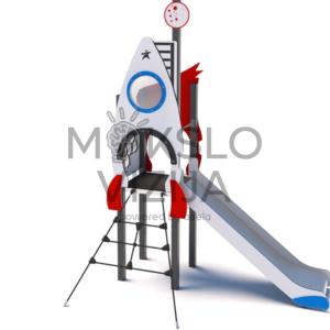 Kosmoso tematikos vaikų žaidimų aikštelė su raketos formos bokšteliu, čiuožykla, platforma ir laipiojimo tinklu.