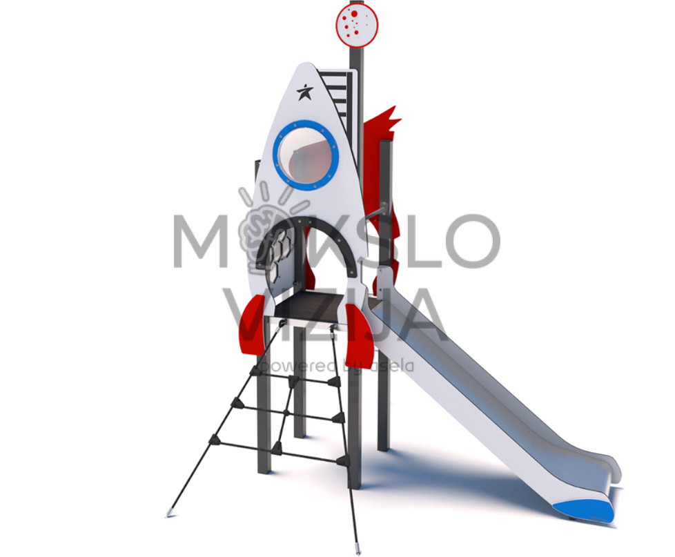 Kosmoso tematikos vaikų žaidimų aikštelė su raketos formos bokšteliu, čiuožykla, platforma ir laipiojimo tinklu.