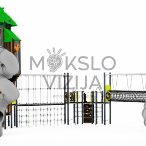 Didelė miško tematikos vaikų žaidimų aikštelė su dviem bokštais, uždaromis spiralinėmis čiuožyklomis, tiltais, platformomis ir laipiojimo elementais.
