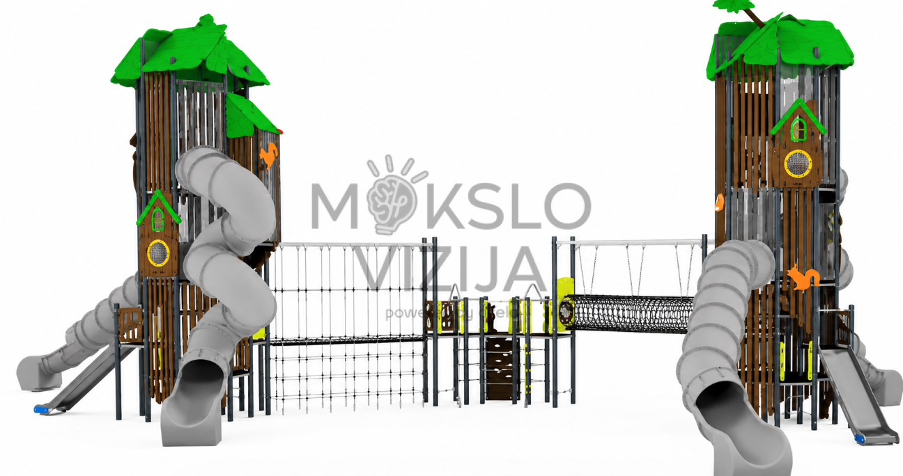Didelė miško tematikos vaikų žaidimų aikštelė su dviem bokštais, uždaromis spiralinėmis čiuožyklomis, tiltais, platformomis ir laipiojimo elementais.