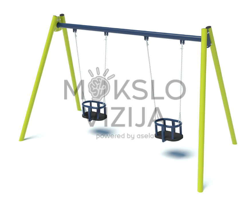 Dvigubos vaikų sūpynės su dviem lopšio tipo sėdynėmis, plieniniu rėmu ir grandininiais pakabais žaidimų aikštelėms.
