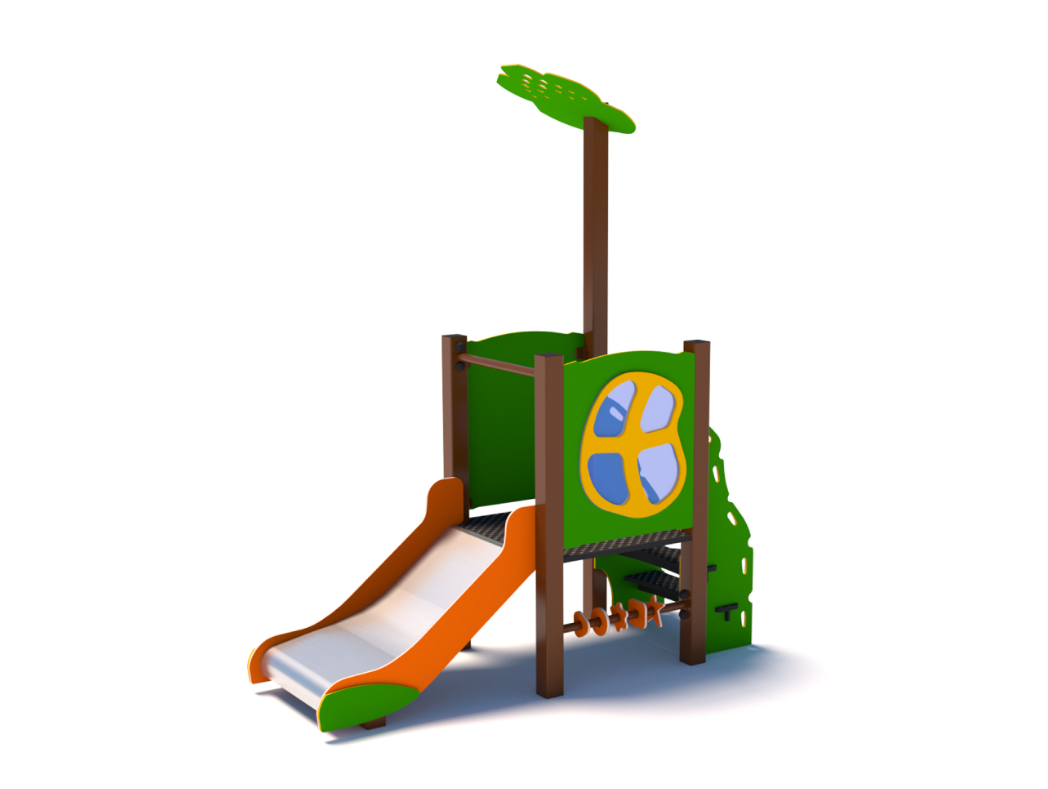 Vaikų žaidimų aikštelė su nedidele čiuožykla, platforma, laipiojimo elementu ir interaktyviais žaidimų komponentais.