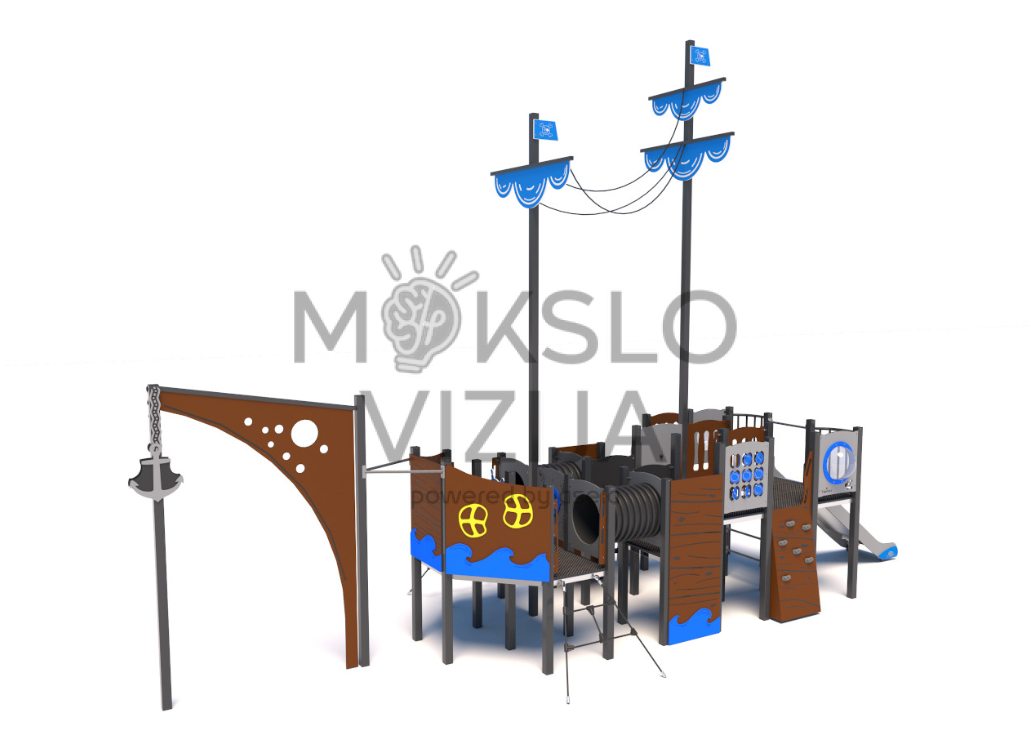 Vaikų žaidimų kompleksas laivo tema su burėmis, čiuožykla, tuneliniais perėjimais, platformomis ir edukaciniais žaidimų elementais.