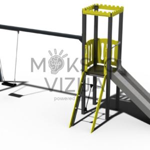 Vaikų žaidimų kompleksas pilies tema su bokšteliu, vienviete sūpyne, laipiojimo elementais ir čiuožykla.