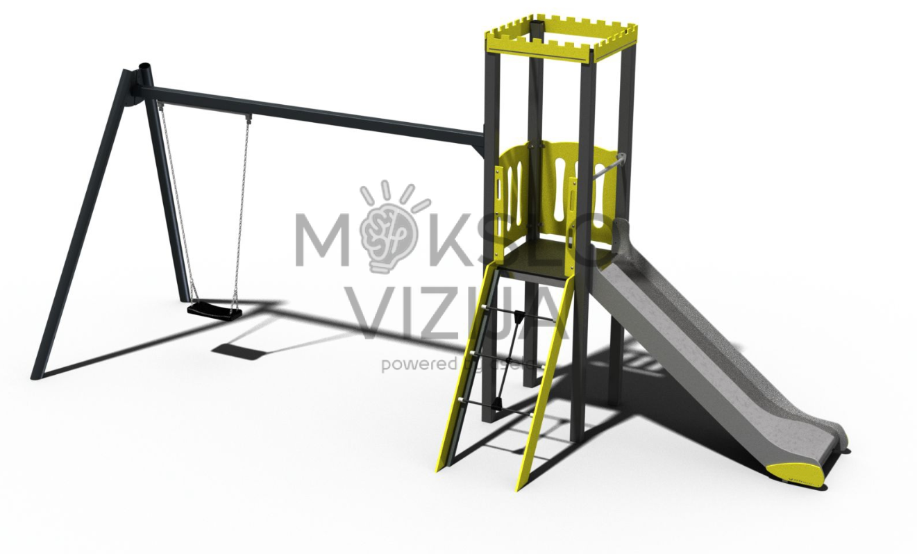 Vaikų žaidimų kompleksas pilies tema su bokšteliu, vienviete sūpyne, laipiojimo elementais ir čiuožykla.