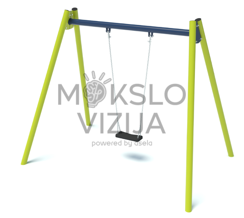 Vienvietės metalinės lauko sūpynės su grandinėmis ir patogia sėdyne vaikų žaidimų aikštelei.