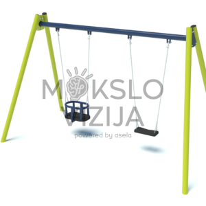 Dvivietės metalinės lauko sūpynės su viena plokščia ir viena apsaugine mažylių sėdyne.