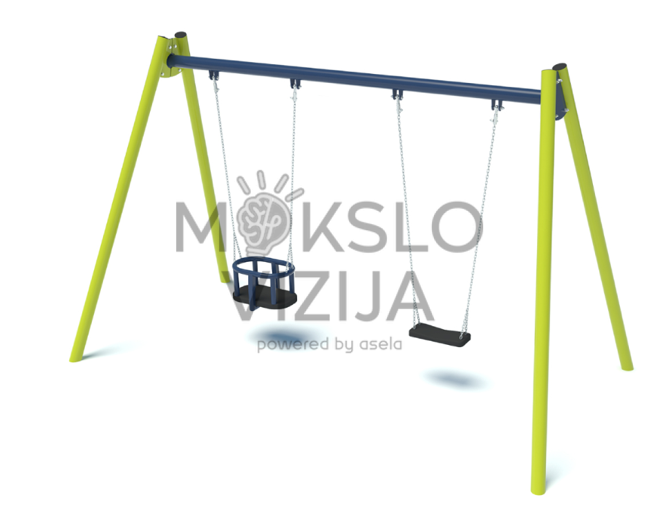 Dvivietės metalinės lauko sūpynės su viena plokščia ir viena apsaugine mažylių sėdyne.
