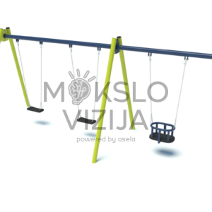 Trivietės metalinės lauko sūpynės su dviem plokščiomis sėdynėmis ir viena apsaugine mažylių sėdyne.