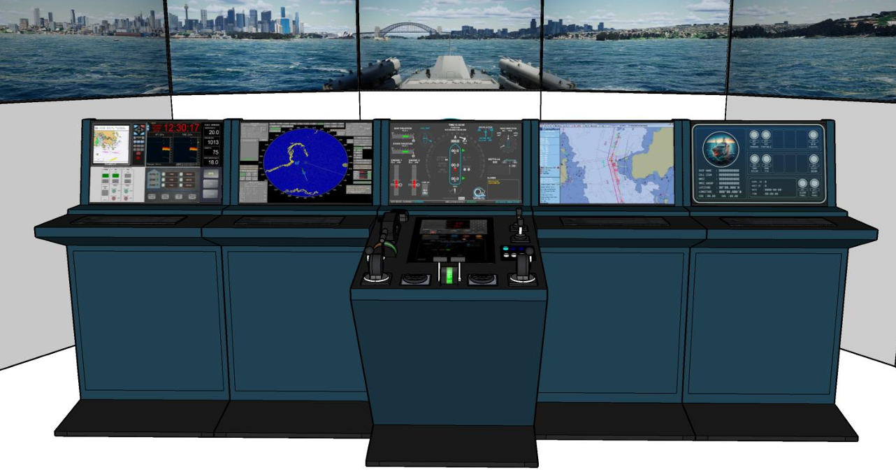 Laivo navigacijos simuliatorius su radarų, ECDIS, AIS ir valdymo sistemų integracija.