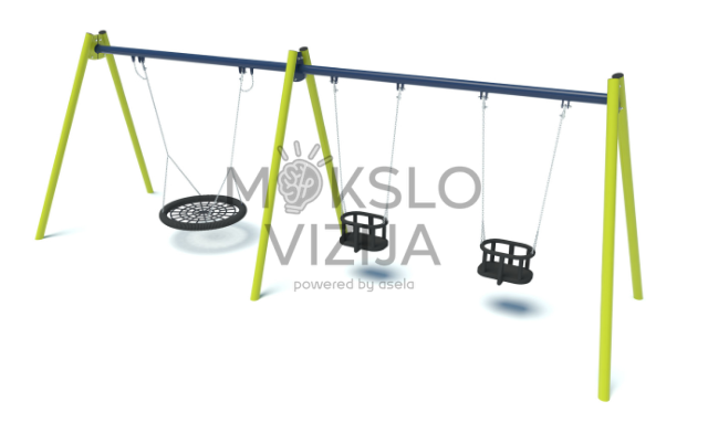 Dvivietės vaikų lauko sūpynės su viena lizdo tipo sūpyne ir dviem apsauginėmis lopšio tipo sėdynėmis, tvirtu metaliniu rėmu ir grandininėmis pakabomis žaidimų aikštelėms.