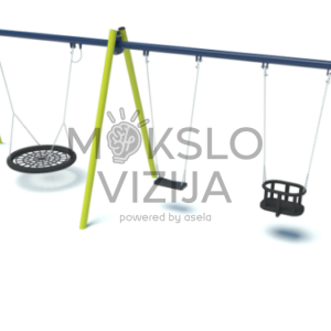 Lauko sūpynės su viena plokščia sėdyne, viena apsaugine lopšio tipo sėdyne ir viena lizdo tipo sūpyne ant tvirtos metalinės konstrukcijos vaikų žaidimų aikštelėms.