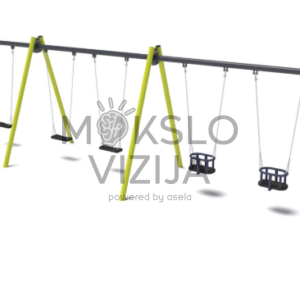 Lauko sūpynių komplektas su keturiomis plokščiomis sėdynėmis ir dviem apsauginėmis lopšio tipo sėdynėmis ant tvirtos metalinės konstrukcijos vaikų žaidimų aikštelėms.