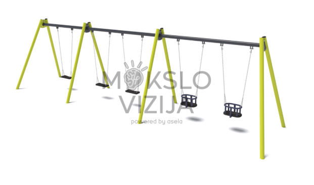 Lauko sūpynių komplektas su keturiomis plokščiomis sėdynėmis ir dviem apsauginėmis lopšio tipo sėdynėmis ant tvirtos metalinės konstrukcijos vaikų žaidimų aikštelėms.