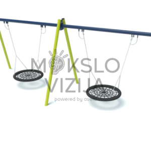Lauko sūpynės su dviem lizdo tipo sėdynėmis ant tvirtos metalinės konstrukcijos vaikų žaidimų aikštelėms.