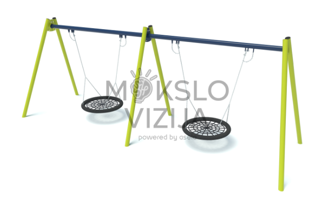 Lauko sūpynės su dviem lizdo tipo sėdynėmis ant tvirtos metalinės konstrukcijos vaikų žaidimų aikštelėms.