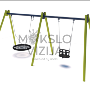 Lauko sūpynės su viena lizdo tipo sėdyne ir viena apsaugine lopšio tipo sėdyne ant tvirtos metalinės konstrukcijos.