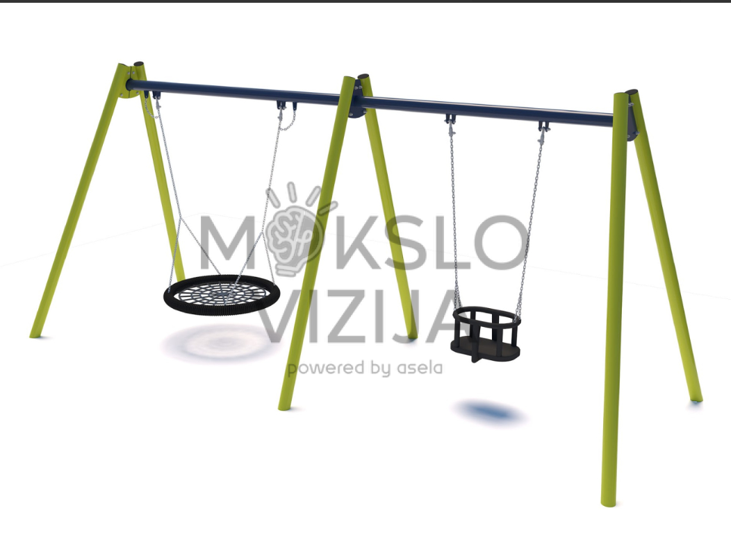 Lauko sūpynės su viena lizdo tipo sėdyne ir viena apsaugine lopšio tipo sėdyne ant tvirtos metalinės konstrukcijos.