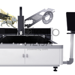 1500 W CNC pluoštinio lazerio metalo pjovimo staklės su automatizuota valdymo sistema ir darbo stalu.