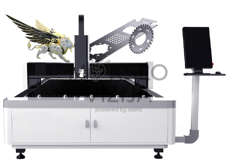 1500 W CNC pluoštinio lazerio metalo pjovimo staklės su automatizuota valdymo sistema ir darbo stalu.