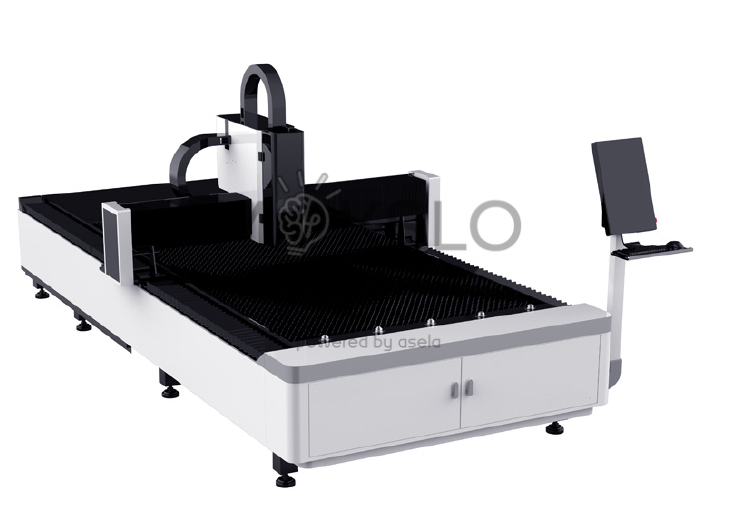 1500 W CNC pluoštinio lazerio metalo pjovimo staklės su automatizuota valdymo sistema ir darbo stalu.