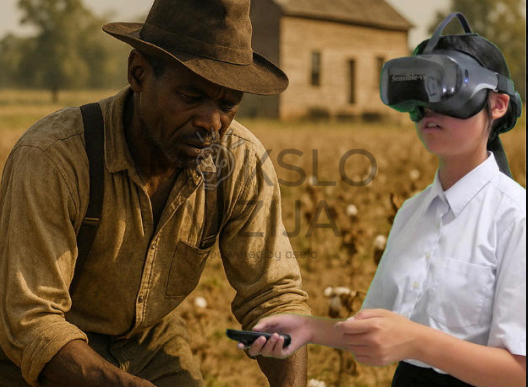 Virtualios realybės akiniai su valdymo pulteliu, skirti interaktyviam mokymuisi ir edukacinėms VR patirtims.