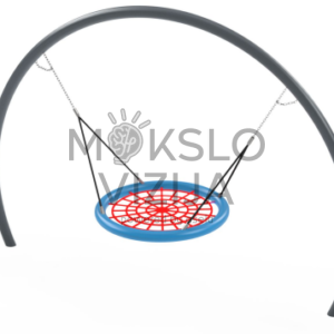 Lauko lizdo tipo sūpynės su arkine plienine konstrukcija ir apvalia tinkline sėdyne.