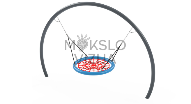 Lauko lizdo tipo sūpynės su arkine plienine konstrukcija ir apvalia tinkline sėdyne.