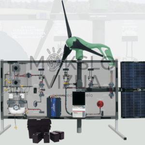 Atsinaujinančios energetikos mokymo stendas su vėjo turbina, saulės fotovoltiniais moduliais, energijos kaupimo sistema, valdikliais ir elektros grandinių demonstravimo įranga