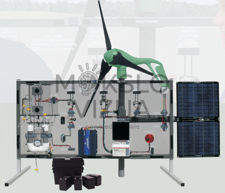 Atsinaujinančios energetikos mokymo stendas su vėjo turbina, saulės fotovoltiniais moduliais, energijos kaupimo sistema, valdikliais ir elektros grandinių demonstravimo įranga