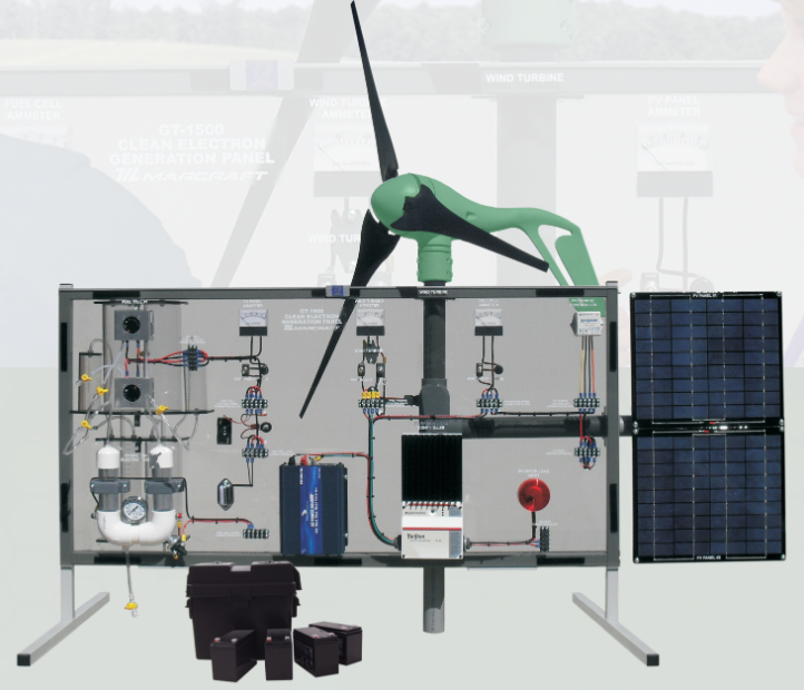Atsinaujinančios energetikos mokymo stendas su vėjo turbina, saulės fotovoltiniais moduliais, energijos kaupimo sistema, valdikliais ir elektros grandinių demonstravimo įranga