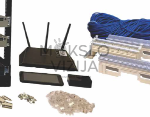 Kompiuterių tinklų administravimo mokymo sistemos komplektas su serverine spintele, komutatoriais, belaidžiu maršrutizatoriumi, kabelių organizavimo moduliais, tinklo kabeliais, montavimo įrankiais ir laboratoriniais priedais.