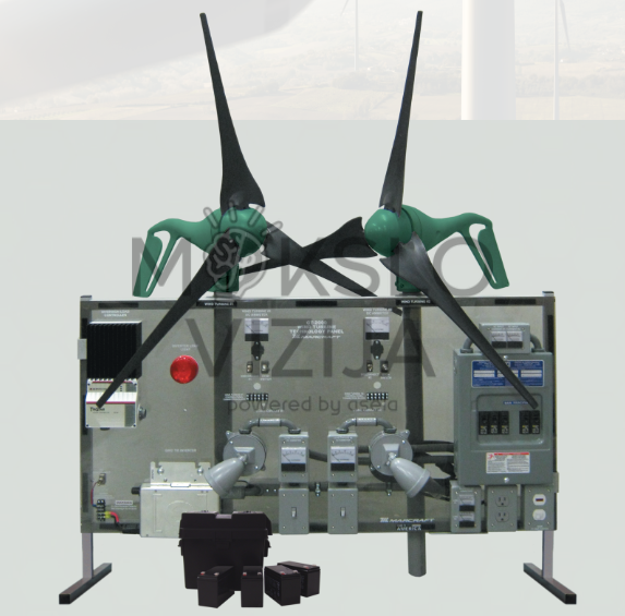Vėjo turbinų technologijų mokymo stendas su dviem vėjo turbinų modeliais, valdymo moduliu, matavimo prietaisais, elektros instaliacijos elementais ir laboratoriniais priedais.