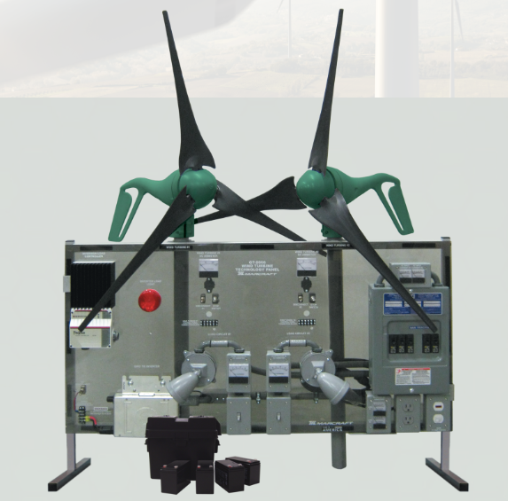 Vėjo turbinų technologijų mokymo stendas su dviem vėjo turbinų modeliais, valdymo moduliu, matavimo prietaisais, elektros instaliacijos elementais ir laboratoriniais priedais.