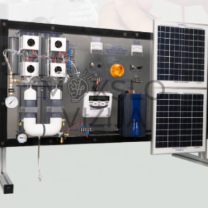 Kuro elementų technologijų mokymo stendas su kuro elementų moduliais, saulės fotovoltiniais moduliais, valdikliu, inverteriu, matavimo prietaisais ir vandenilio sistemos komponentais.
