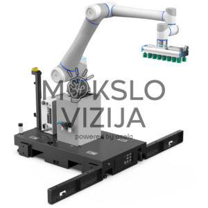 Kėlimo tipo robotinė palečių krovimo darbo stotis su saugos moduliu.
