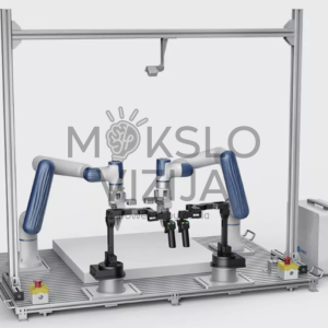 Dirbtinio intelekto robotų mokymo sistema su dviem robotais.