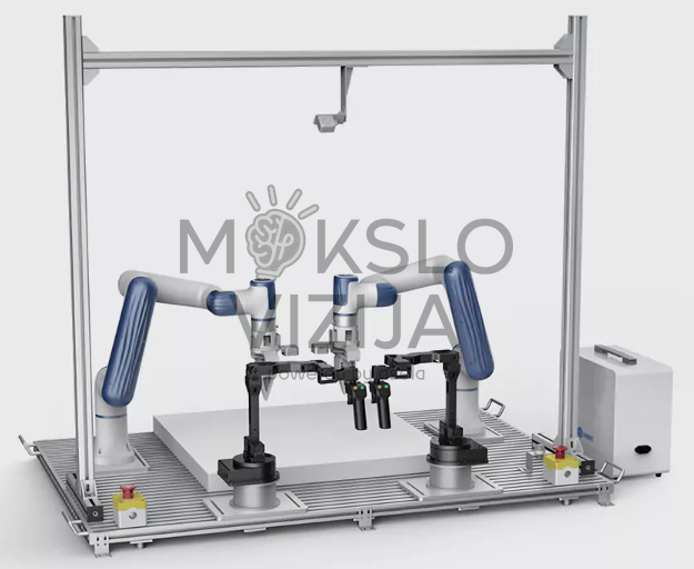 Dirbtinio intelekto robotų mokymo sistema su dviem robotais.