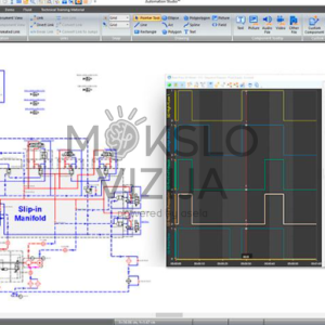 Edukacinės automatizavimo programinės įrangos aplinka su PLC, HMI, elektrotechnikos, hidraulikos ir automatizuotų sistemų modeliavimo funkcijomis.