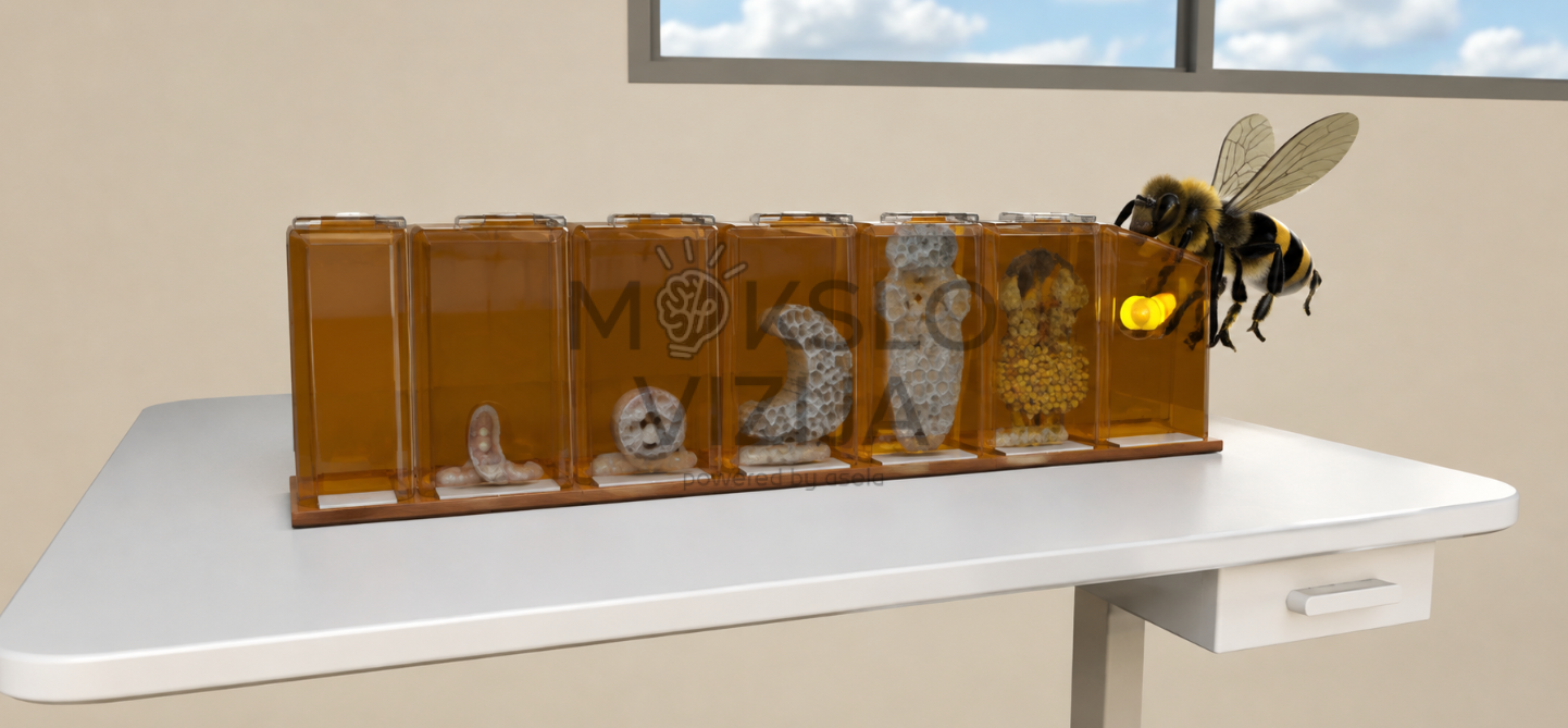 Virtualiosios realybės bitininkystės ir medaus gamybos mokymo simuliatoriaus vaizdas, demonstruojantis interaktyvų bičių gyvenimo ciklo mokymą 3D aplinkoje.